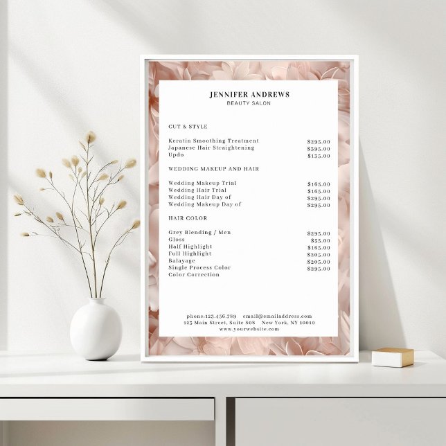 Luxury, Blush-Beige, Flower, Salon Price List  Poster (Luxury, Blush-Beige, Flower, Salon Price List Poster)