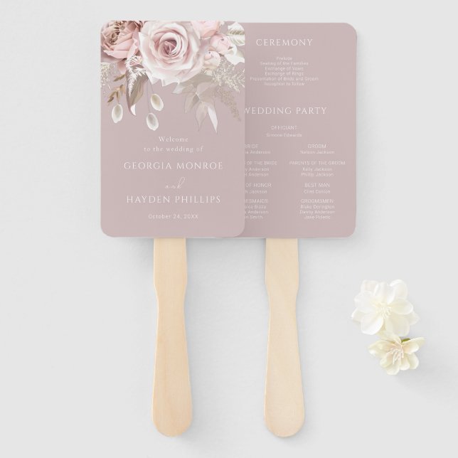 Luxury Blush Floral Botanical Wedding program Hand Fan (Front and Back)