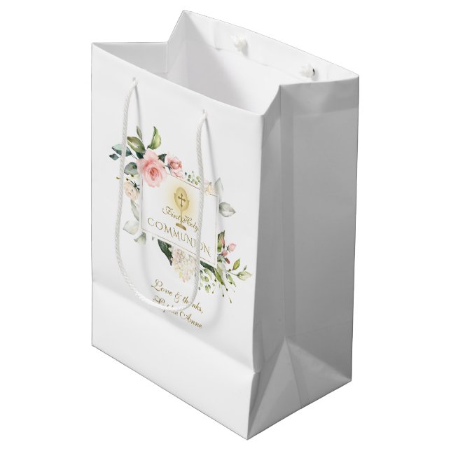 Luxury Blush Flowers Frame Gold Girl Christening Medium Gift Bag (Front Angled)