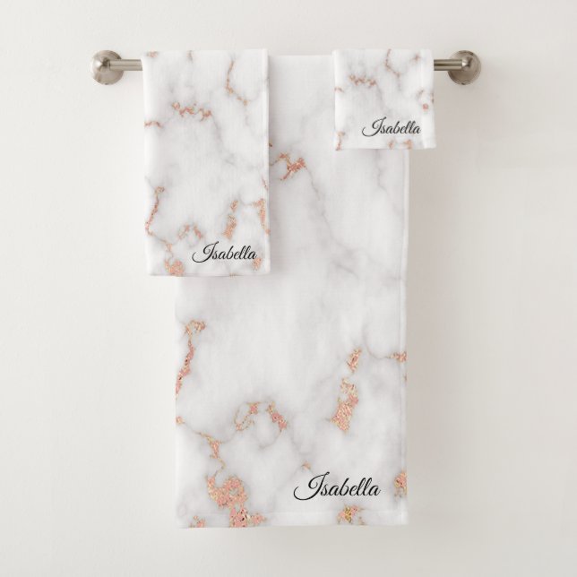 Luxury Blush Glitter Pink White Marble Customize Bath Towel Set (Insitu)