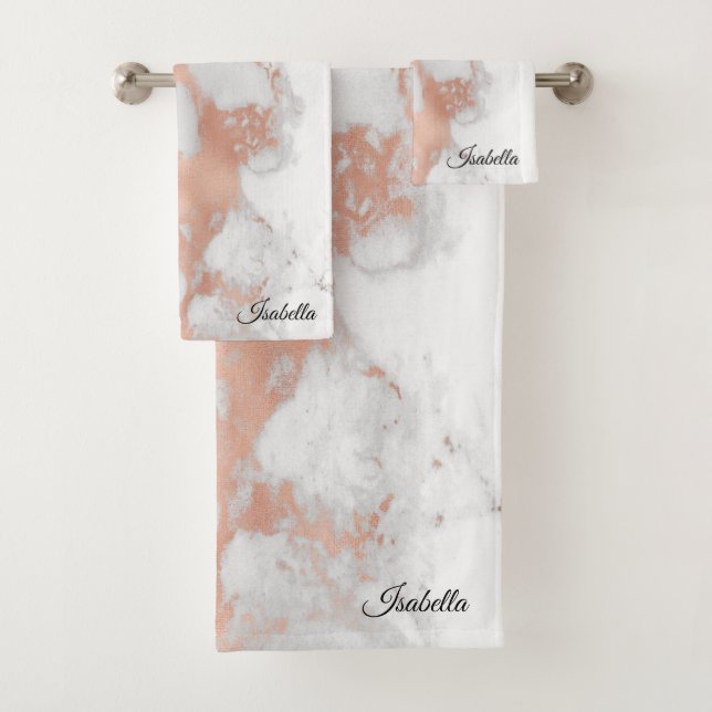 Luxury Blush Glitter White Pink Marble Customize Bath Towel Set (Insitu)