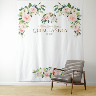 Luxury Blush Ivory Floral Quinceañera Photo Booth Tapestry