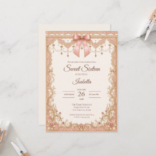 Luxury Blush Pink Gold Lace Bow Sweet 16 Invitation