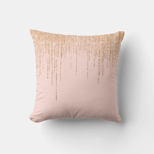 Luxury Blush Pink Gold Sparkly Glitter Fringe Throw Pillow (Front)