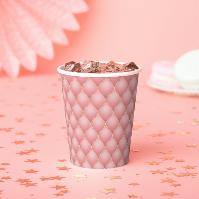 Luxury Blush Pink Rose Gold Diamond Tufted Pattern Paper Cups (Insitu)