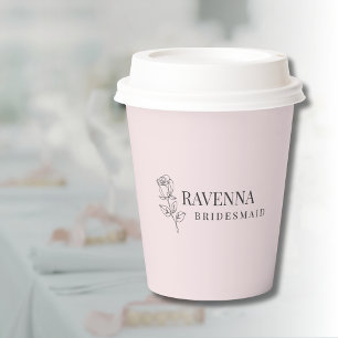 Luxury Blush Pink Rose Line Art Personalized Name Paper Cups