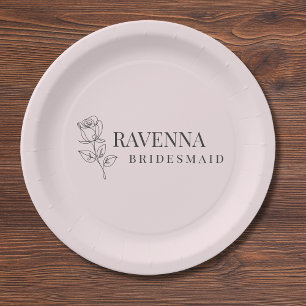 Luxury Blush Pink Rose Line Art Personalized Name Paper Plate