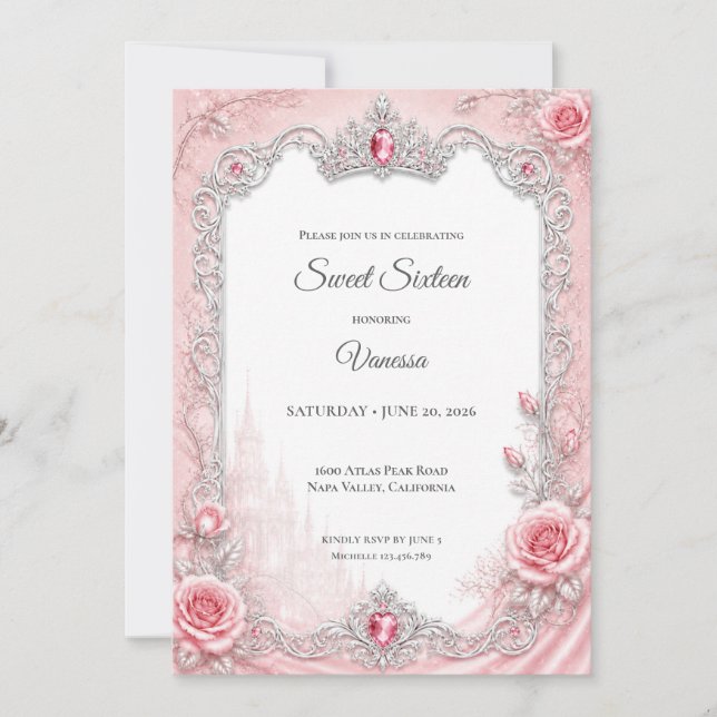 Luxury Blush Pink Silver Princess Sweet 16 Invitation (Front)