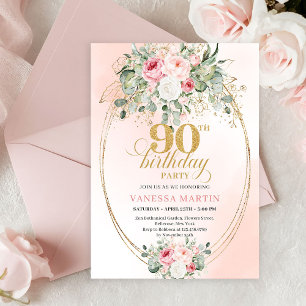 Luxury Blush Rose Gold Boho 90th Birthday Invite
