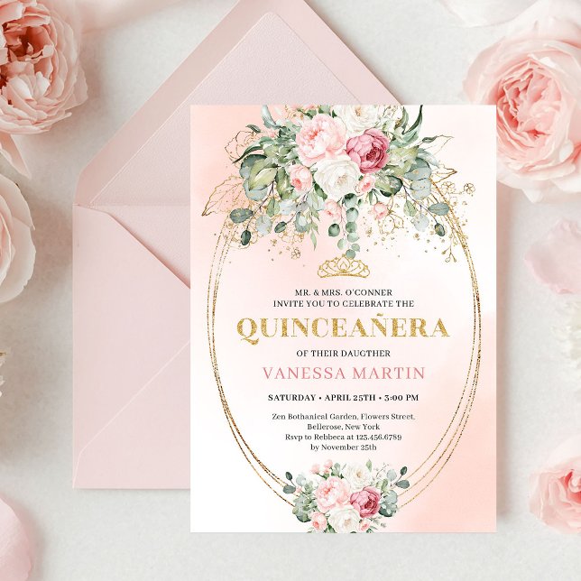 Luxury Blush Roses Greenery Gold Quinceañera Invit Invitation (Luxury Blush Roses Greenery Gold Quinceañera Invite)