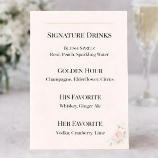 Luxury Blush Signature Drinks Wedding Sign Menu