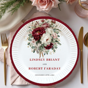Luxury Bohemian Burgundy Flowers Gold Paper Plates