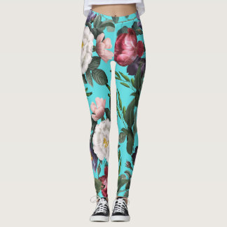 Luxury boho blue sky summer bright rose pattern leggings