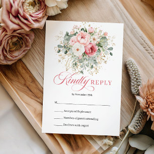 Luxury Boho Blush Floral Gold Wedding RSVP Card