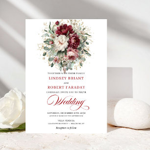 Luxury Boho Burgundy White Floral Gold Wedding  Invitation