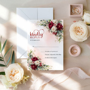 Luxury Boho Burgundy White Flowers Gold Wedding RSVP Card