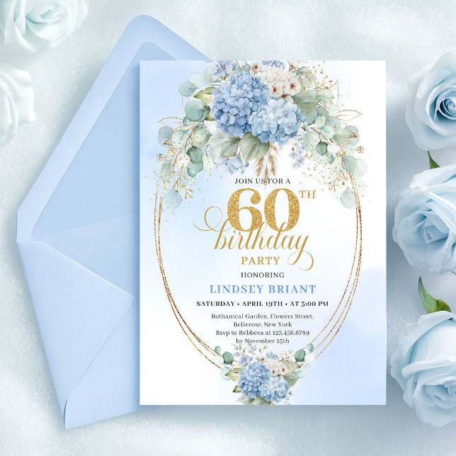 Luxury Boho Dusty Blue Flowers 60th Birthday Invitation (Luxury Boho Dusty Blue Flowers 60th Birthday)