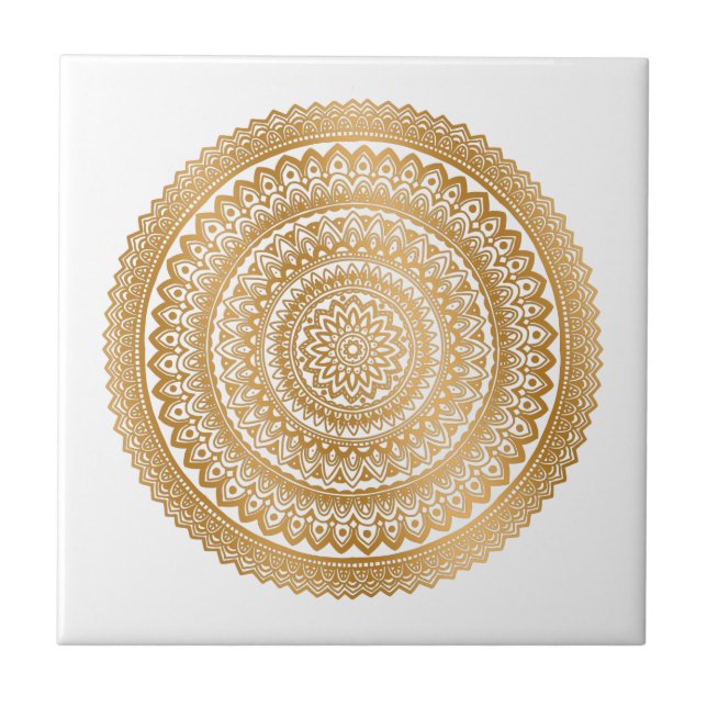 Luxury Boho  Faux Gold Mandala Ornament White Tile (Front)