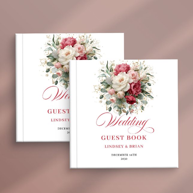 Luxury Boho Floral Red White Wedding Guest Book (Luxury Boho Floral Red White Wedding Guest Book)