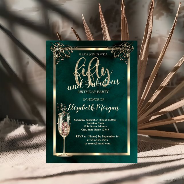 Luxury Border Champagne Glass Green 50th Birthday  Invitation (Creator Uploaded)