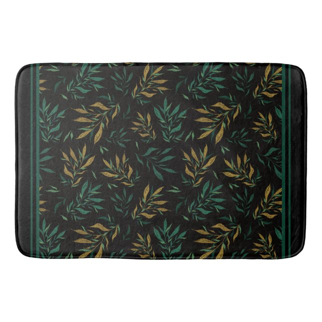 Luxury Botany Pattern from Gold and Green Leaves Bath Mat (Front)
