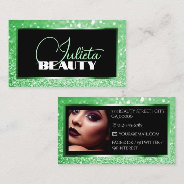 Luxury Bright Green Sparkle Glitter Photo Template Business Card (Front/Back)