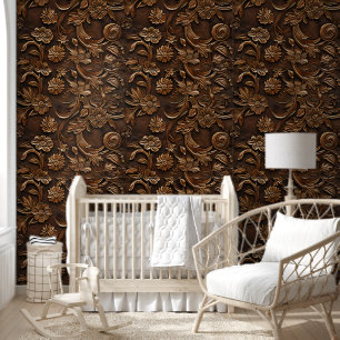 Luxury Brown Chic Western Carving Floral Pattern Wallpaper