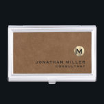 Luxury Brown Suede Gold Monogram Business Card Holder<br><div class="desc">Simple modern design with luxury brushed metallic gold monogram medallion with personalized name and title or custom text below in classic block typography on a brown suede leather textured background. Personalize for your custom use.</div>