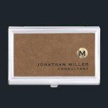 Luxury Brown Suede Gold Monogram Business Card Holder<br><div class="desc">Simple modern design with luxury brushed metallic gold monogram medallion with personalized name and title or custom text below in classic block typography on a brown suede leather textured background. Personalize for your custom use.</div>