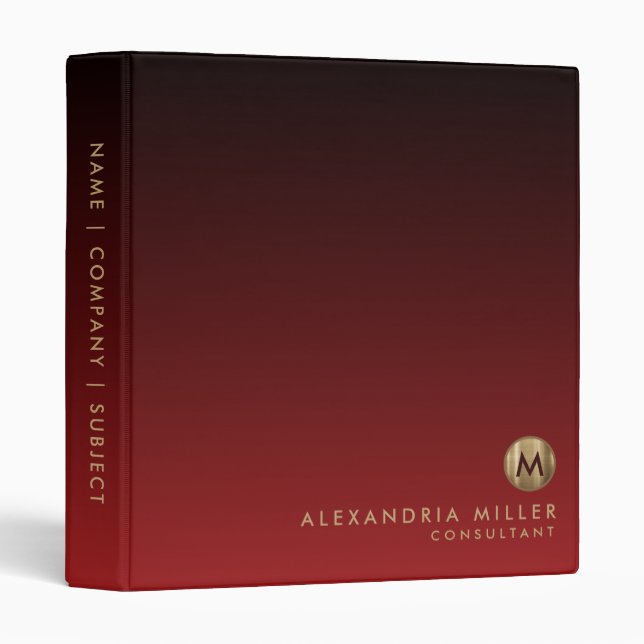 Luxury Brushed Gold Monogram Red Office School Binder (Front/Spine)