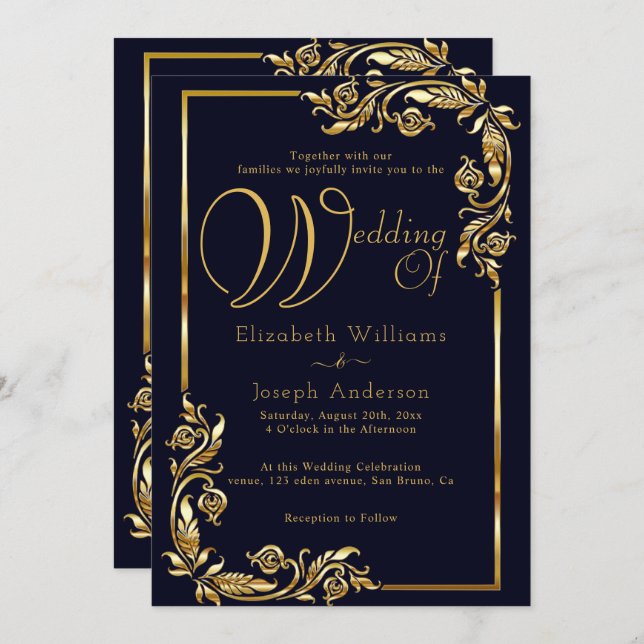 Luxury Budget Gold Floral Frame Golden Wedding Invitation (Front/Back)