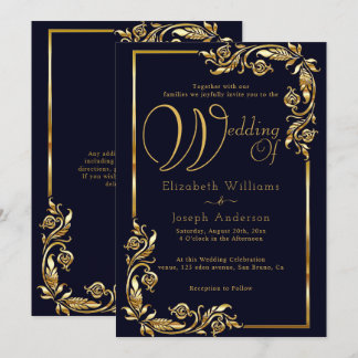 Luxury Budget Gold Floral Frame Golden Wedding Invitation
