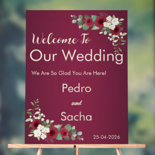 Luxury Burgundy and Gold Floral Wedding Welcome  Acrylic Sign