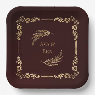 Luxury Burgundy and Gold Flourishes Wedding Paper Plate