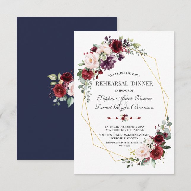 Luxury Burgundy Blush Floral Gold Rehearsal Dinner Invitation (Front/Back)