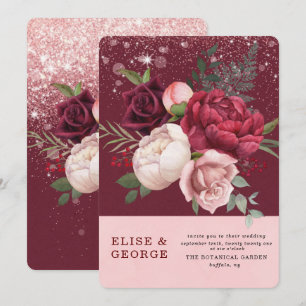 Luxury Burgundy Blush Pink Peony Glitter Wedding Invitation