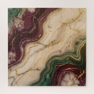 Luxury Burgundy Emerald Green Gold Marble Floral Jigsaw Puzzle