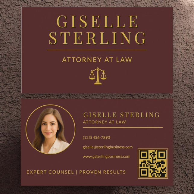 Luxury Burgundy Gold Attorney at Law QR Code Business Card (Creator Uploaded)