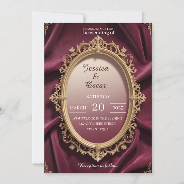 Luxury Burgundy & Gold Baroque Design Wedding Invitation (Front)