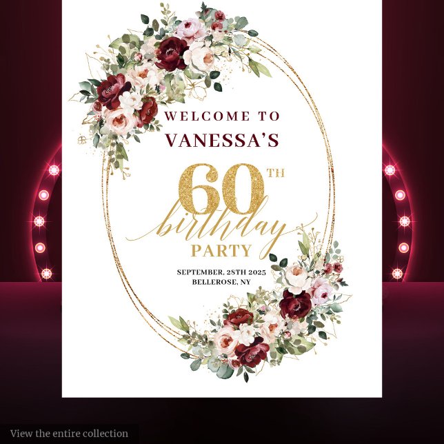 Luxury Burgundy Gold Floral 60th Birthday Banner Tapestry (Luxury Burgundy Gold Floral 60th Birthday Banner)