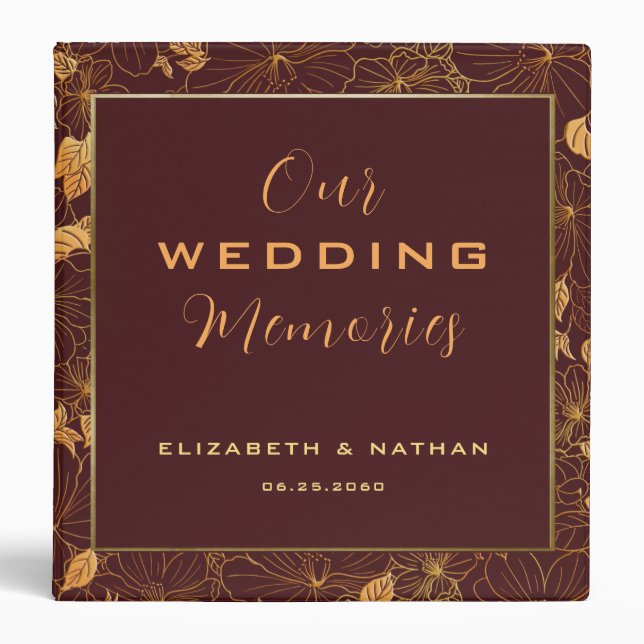 Luxury Burgundy & Gold Floral Pattern Wedding Binder (Front)