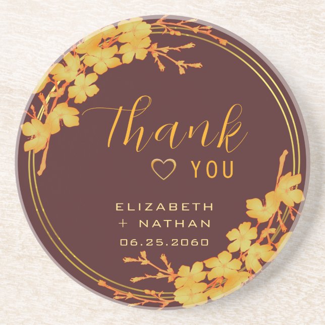 Luxury Burgundy Gold Floral Wedding Thank You Coaster (Front)