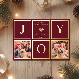 Luxury Burgundy Gold Foil JOY 2 Photo Holiday Card