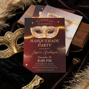 Luxury Burgundy Gold Mask Masquerade Party Invitation