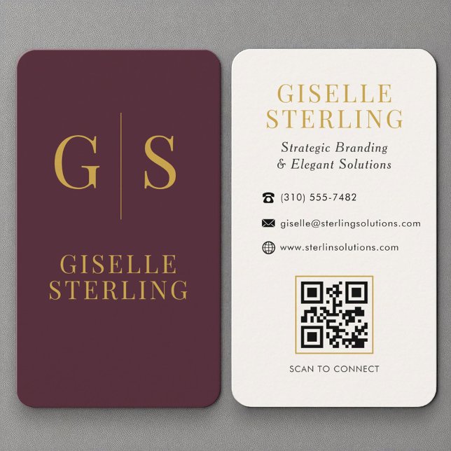 Luxury Burgundy Gold Monogram QR Code Business Card (Creator Uploaded)