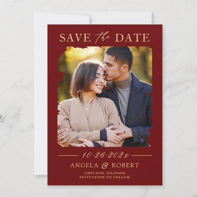 Luxury Burgundy Red Gold Brush Stroke Photo Frame Save The Date (Front)
