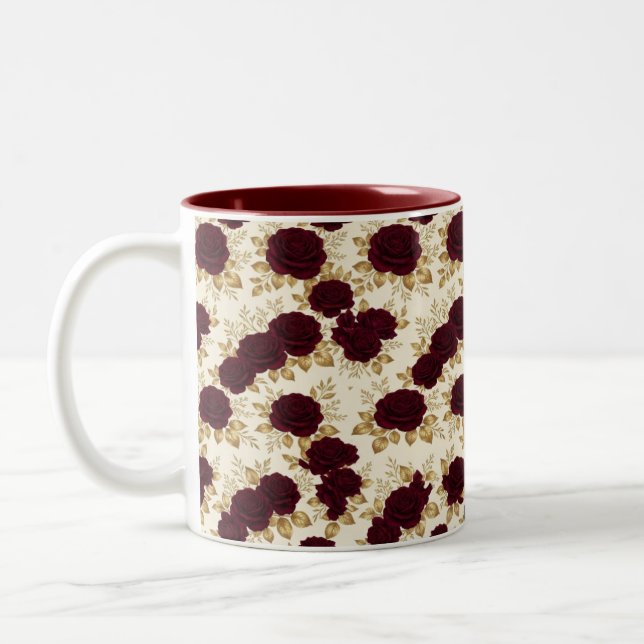 Luxury Burgundy Rose & Gold Floral Pattern Mug (Left)