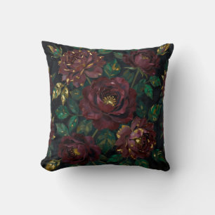 Luxury Burgundy Roses Gold Leaf Floral Throw Pillow
