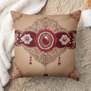 Luxury Burgundy Ruby Jewel and Gold Filigree Throw Pillow
