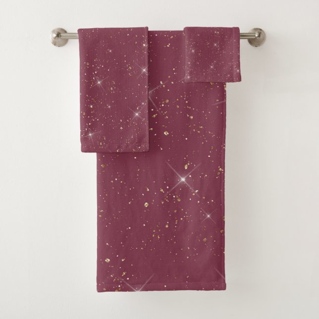 Luxury burgundy sparkle gold glitter confetti bath towel set (Insitu)